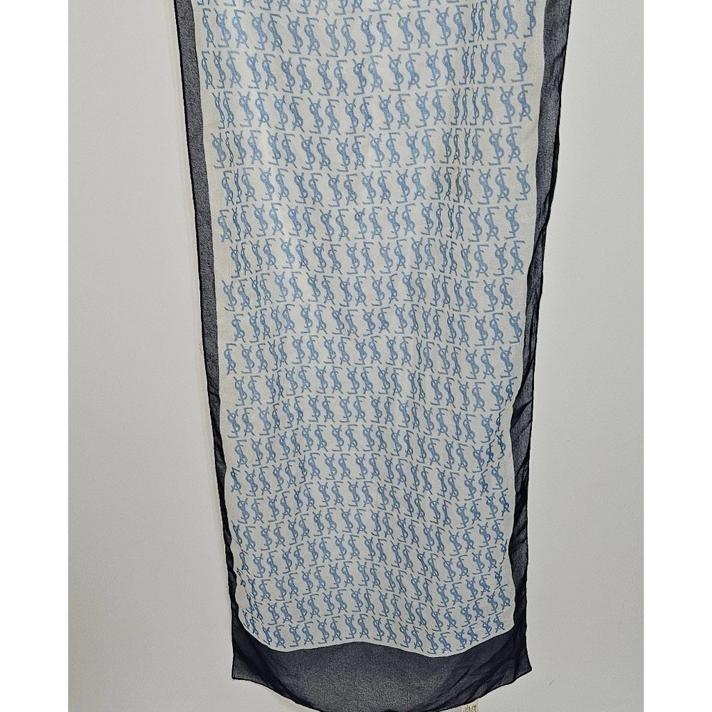 YSL Yves Saint Laurent Monogram Sheer Scarf Shawl Blue White Logo Made Italy